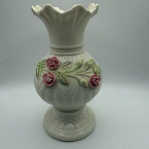 Vintage Belleek Cream Vase with Pink Rose Details
